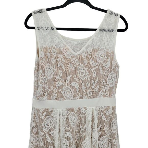 Candalite Dress Bridal Nude Lined White Lace Overlay Illusion Fit & Flare Sz L - Picture 8 of 10